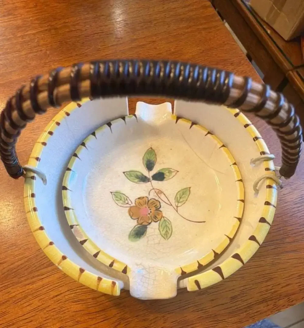 Vintage Hand Painted Ceramic Basket with Removable Tray and Rattan Handle